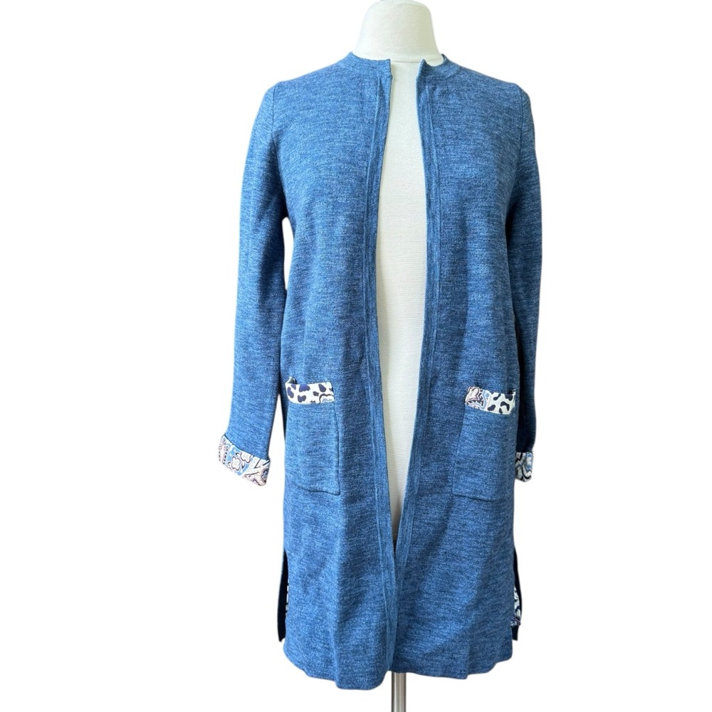 Chico's Cardigan Sweater Sz Small Longline Animal Paisley Drama Blue Knit NEW